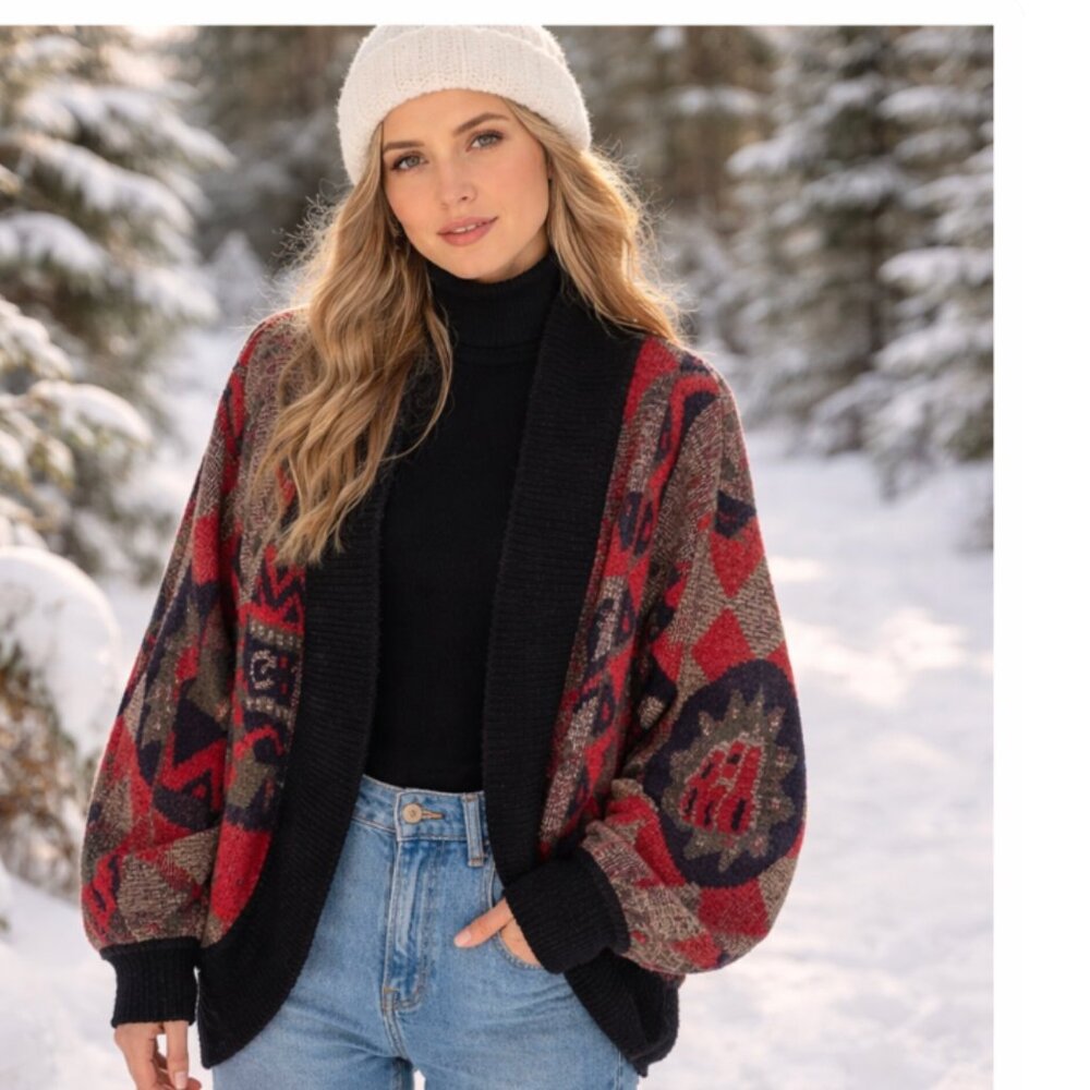 KIM CARBOCCI Vintage Wool Mohair Blend Abstract Cardigan Sweater size large (f)